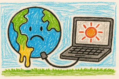 Crayon Drawing Of A Melting Earth Connected To Laptop