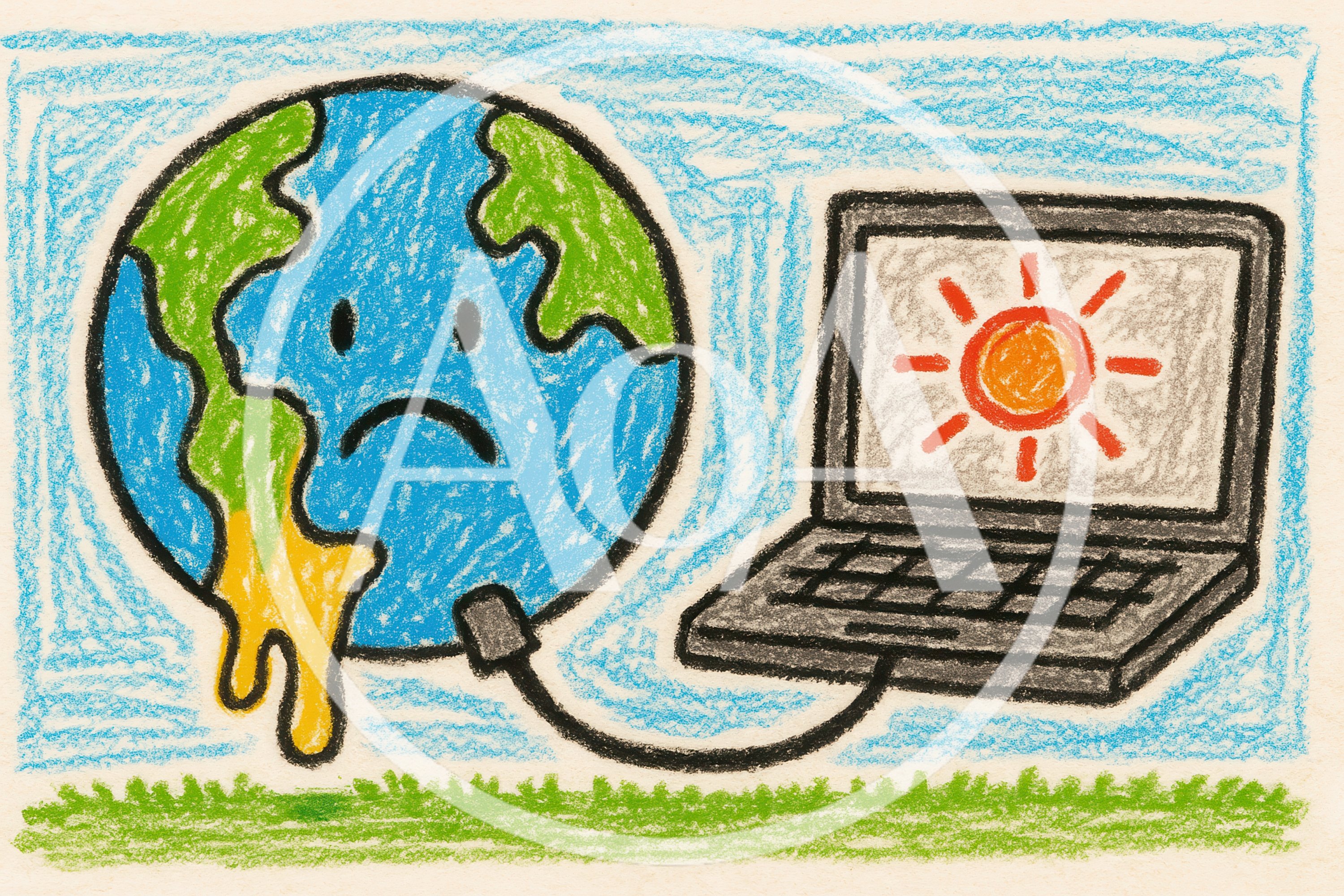 Crayon Drawing Of A Melting Earth Connected To Laptop