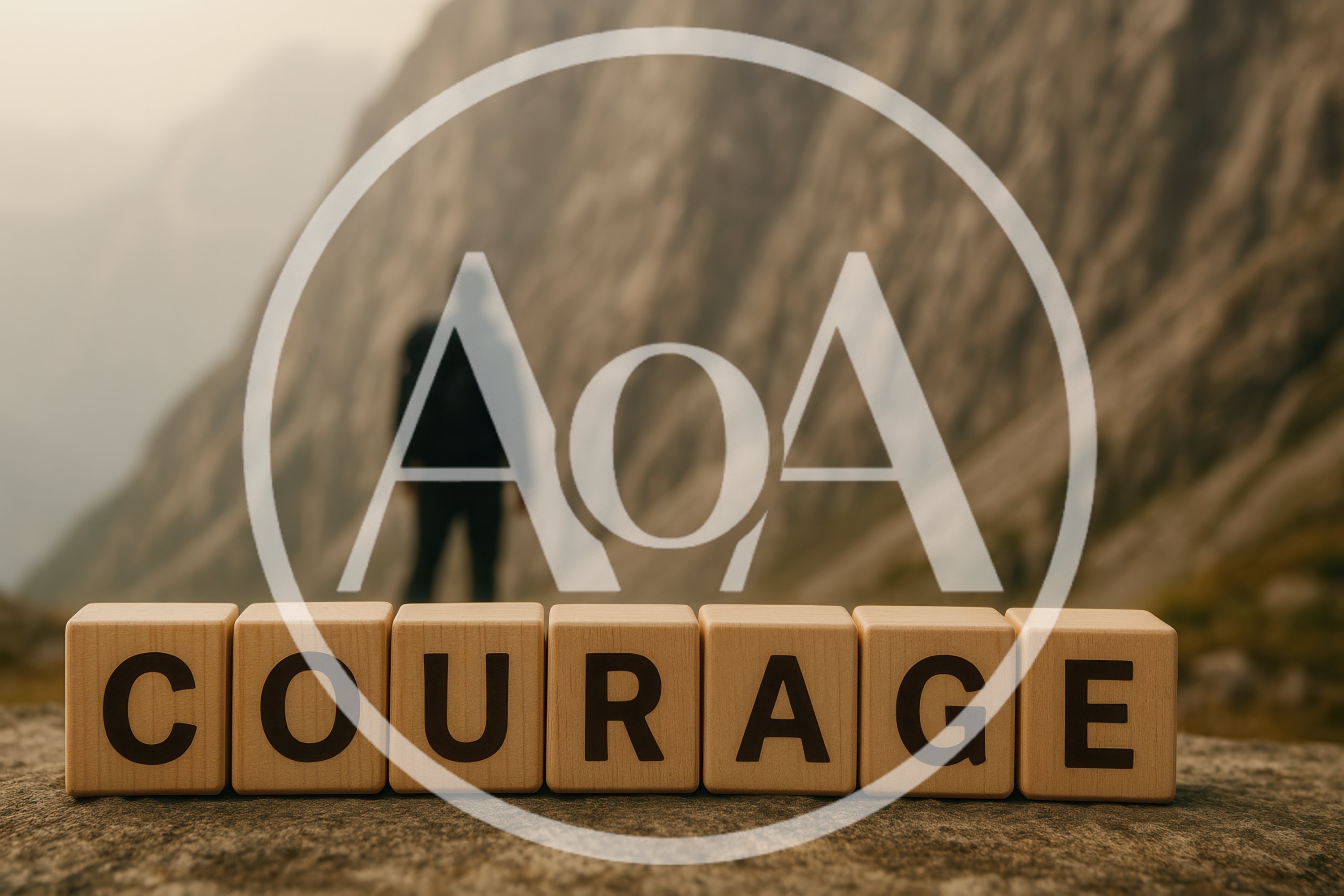 Wooden Blocks Spelling Courage With A Hiker In Background