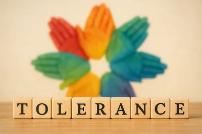 Wooden Blocks Spelling Tolerance With Colorful Handprints