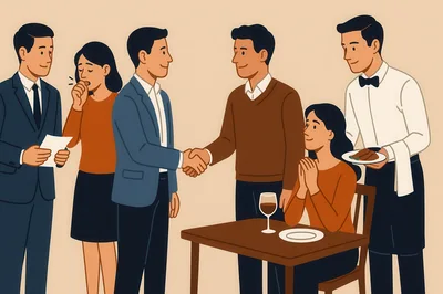 Business Meeting and Dining Scene Illustration
