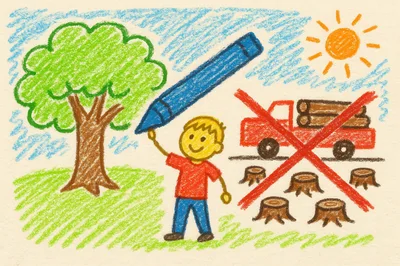 Child Drawing A Tree With A Large Blue Crayon