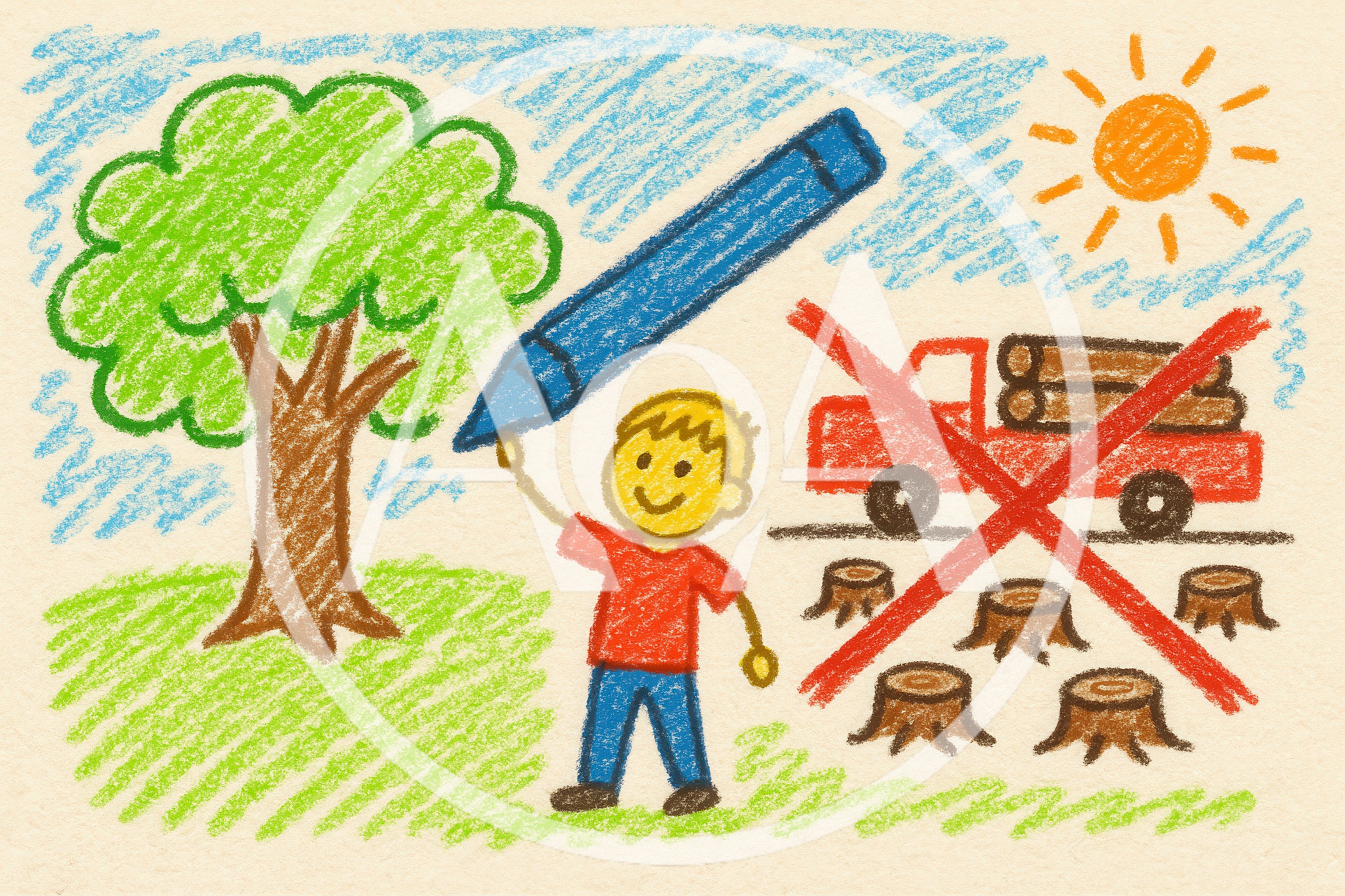 Child Drawing A Tree With A Large Blue Crayon