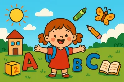 Cute Cartoon Girl Standing Outdoors With School Supplies