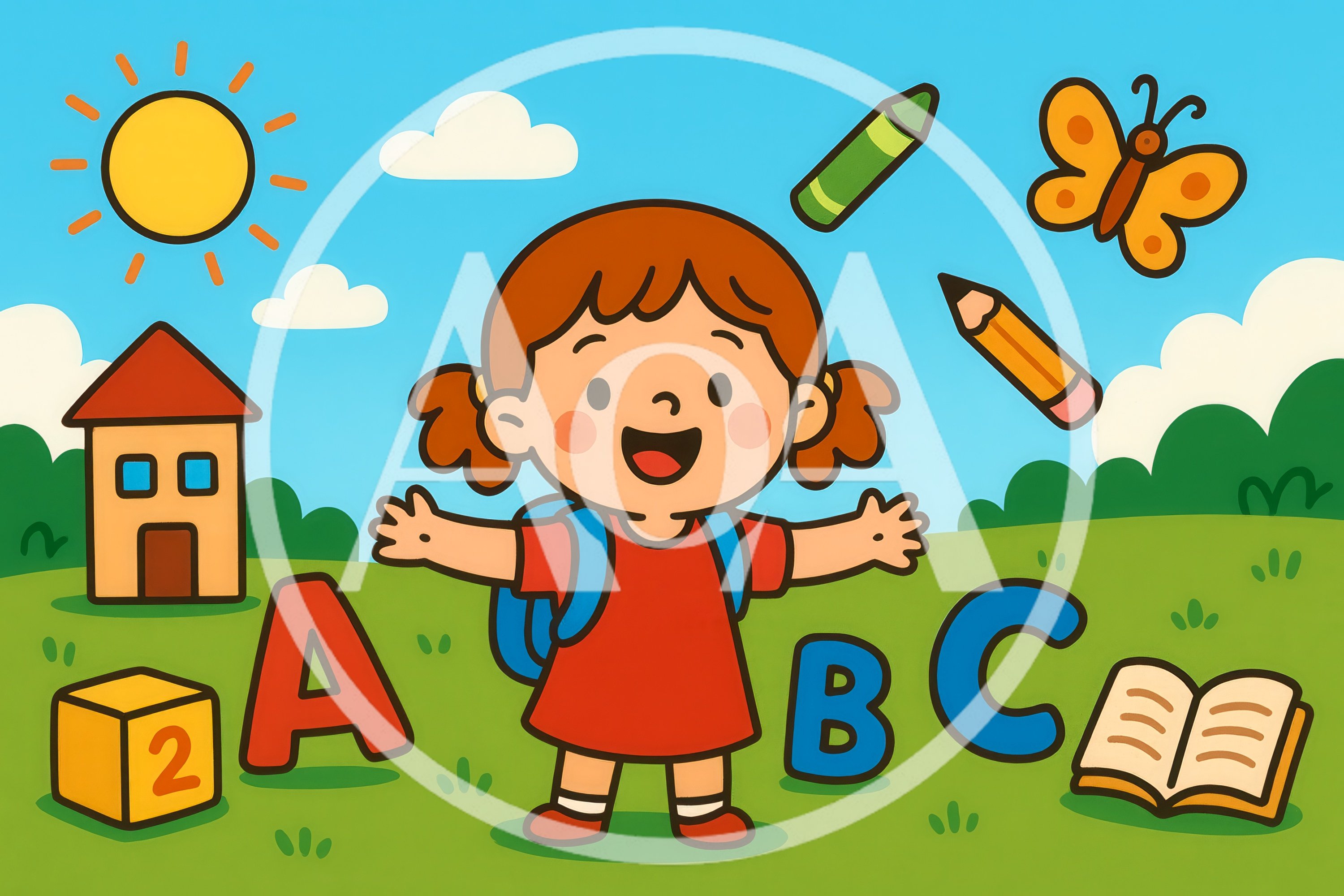 Cute Cartoon Girl Standing Outdoors With School Supplies