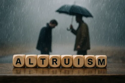 Wooden Blocks Spelling Altruism With Blurred Figures In Rain