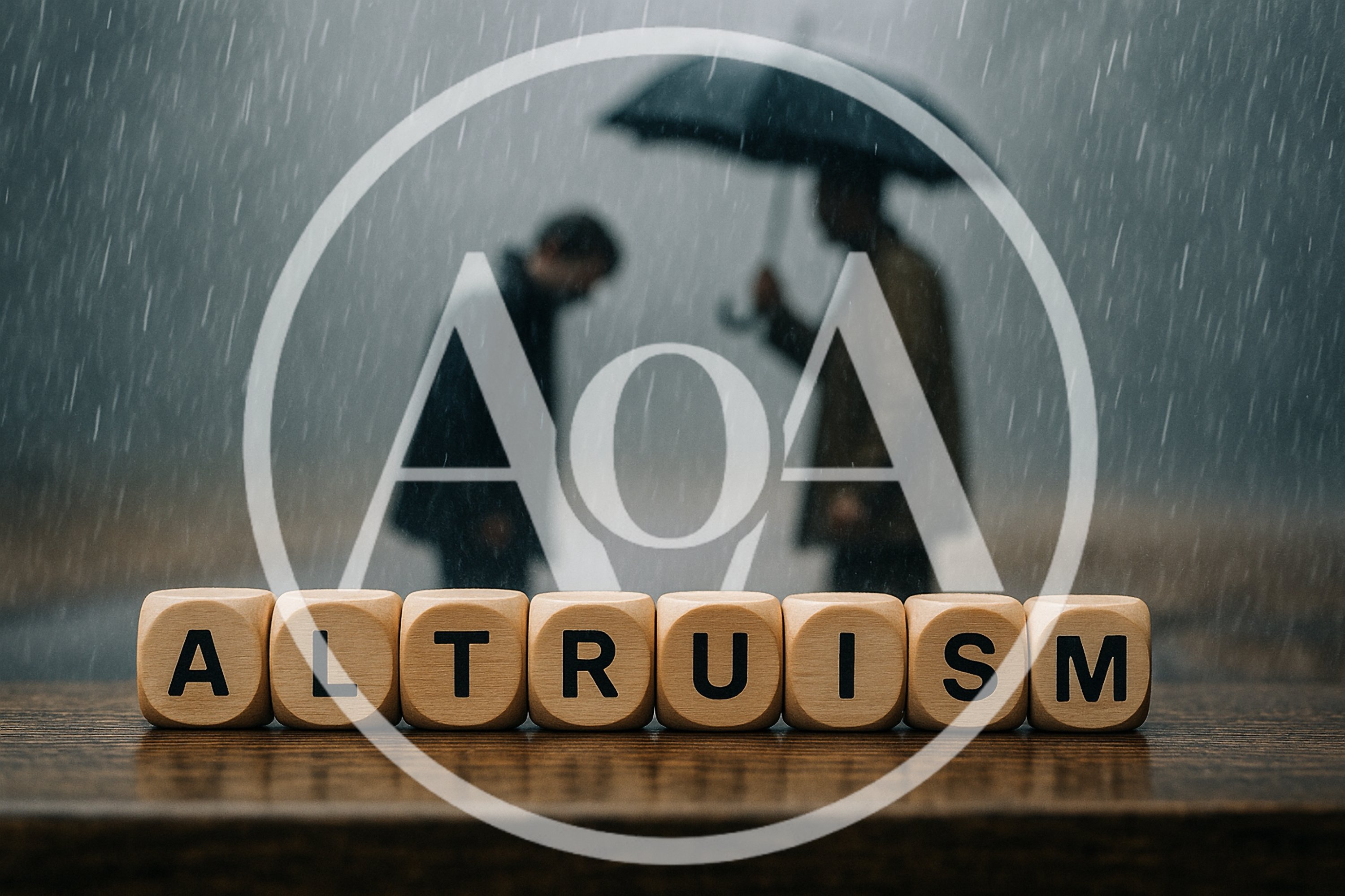 Wooden Blocks Spelling Altruism With Blurred Figures In Rain