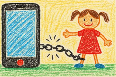 Child Drawing Connected To Smartphone By Chain