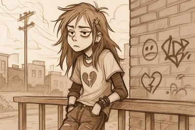 Sketch Of A Melancholic Teenager Leaning On A Railing