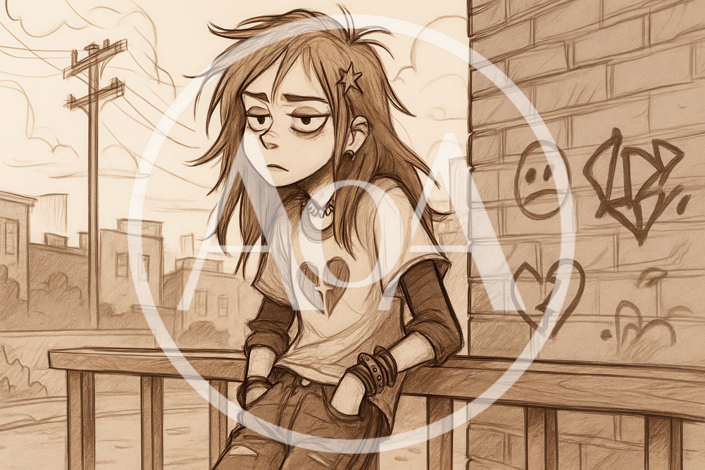 Sketch Of A Melancholic Teenager Leaning On A Railing