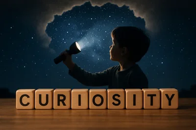 Young Boy Shining Flashlight At Night Sky With Curiosity Blocks