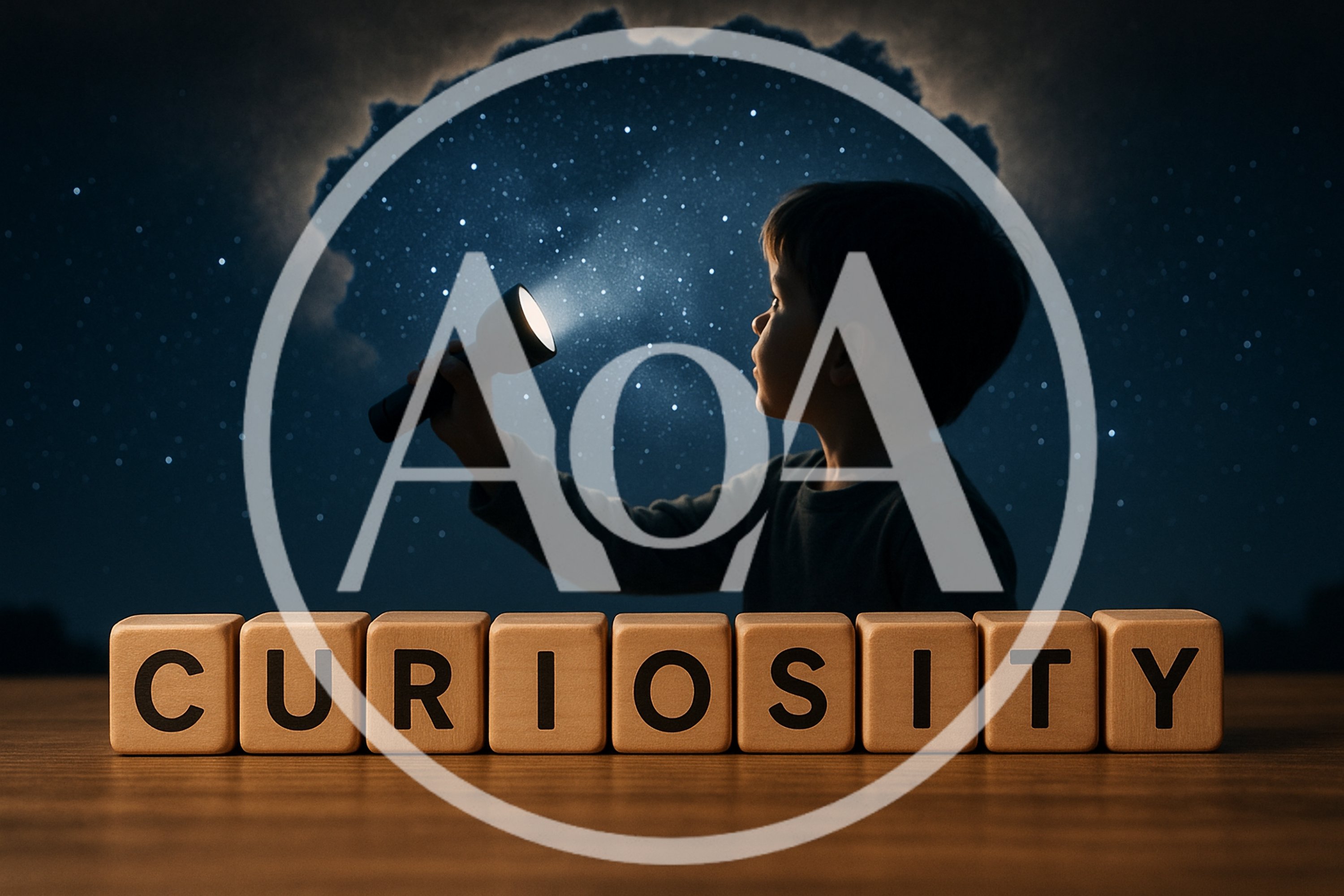 Young Boy Shining Flashlight At Night Sky With Curiosity Blocks
