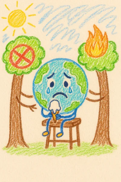 Crayon Drawing of a Sad Earth Character