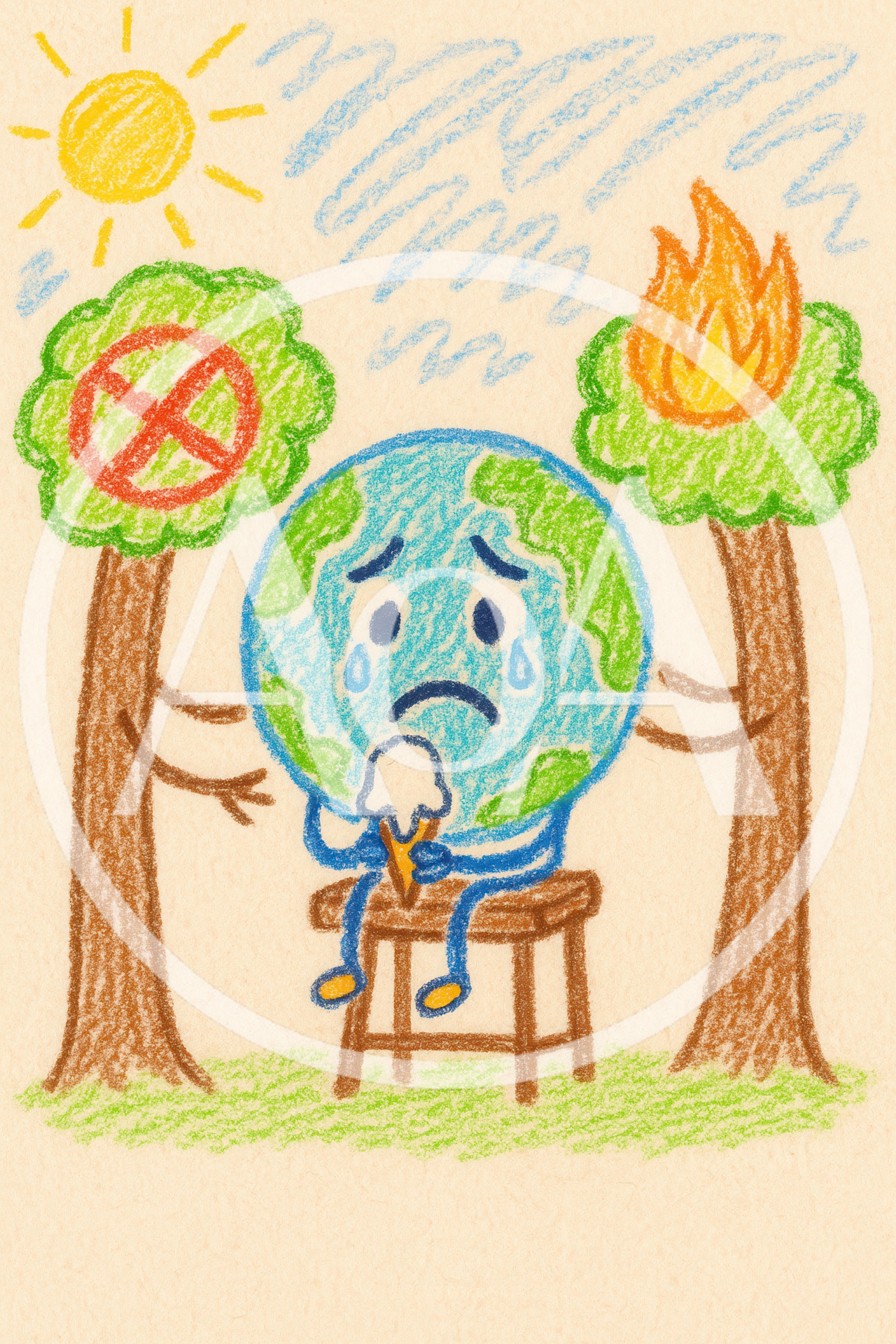 Crayon Drawing of a Sad Earth Character