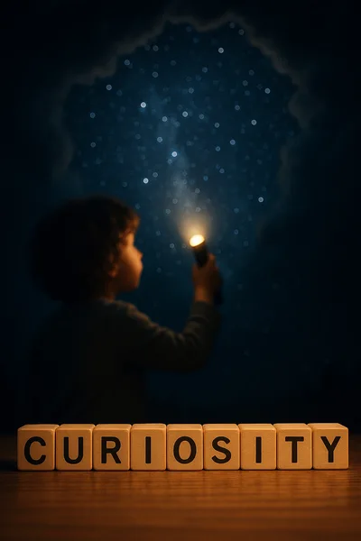 Child Holding Flashlight Toward Night Sky With Curiosity Blocks