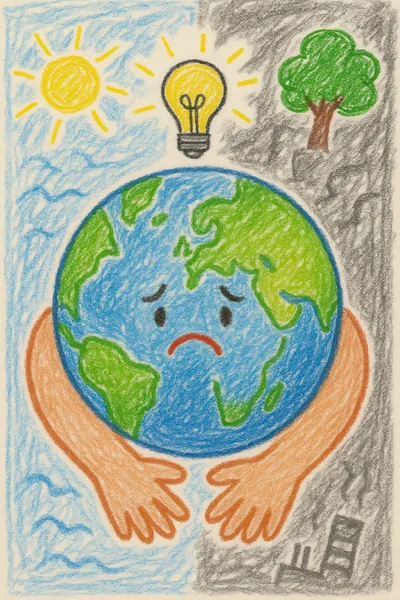 Crayon Drawing Of A Sad Earth Being Hugged
