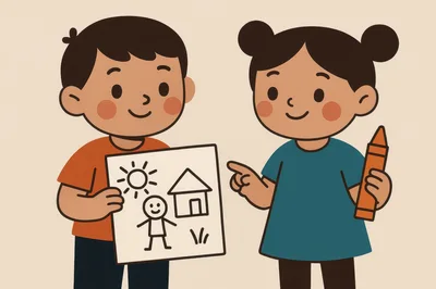 Two Children Holding A Drawing And A Crayon