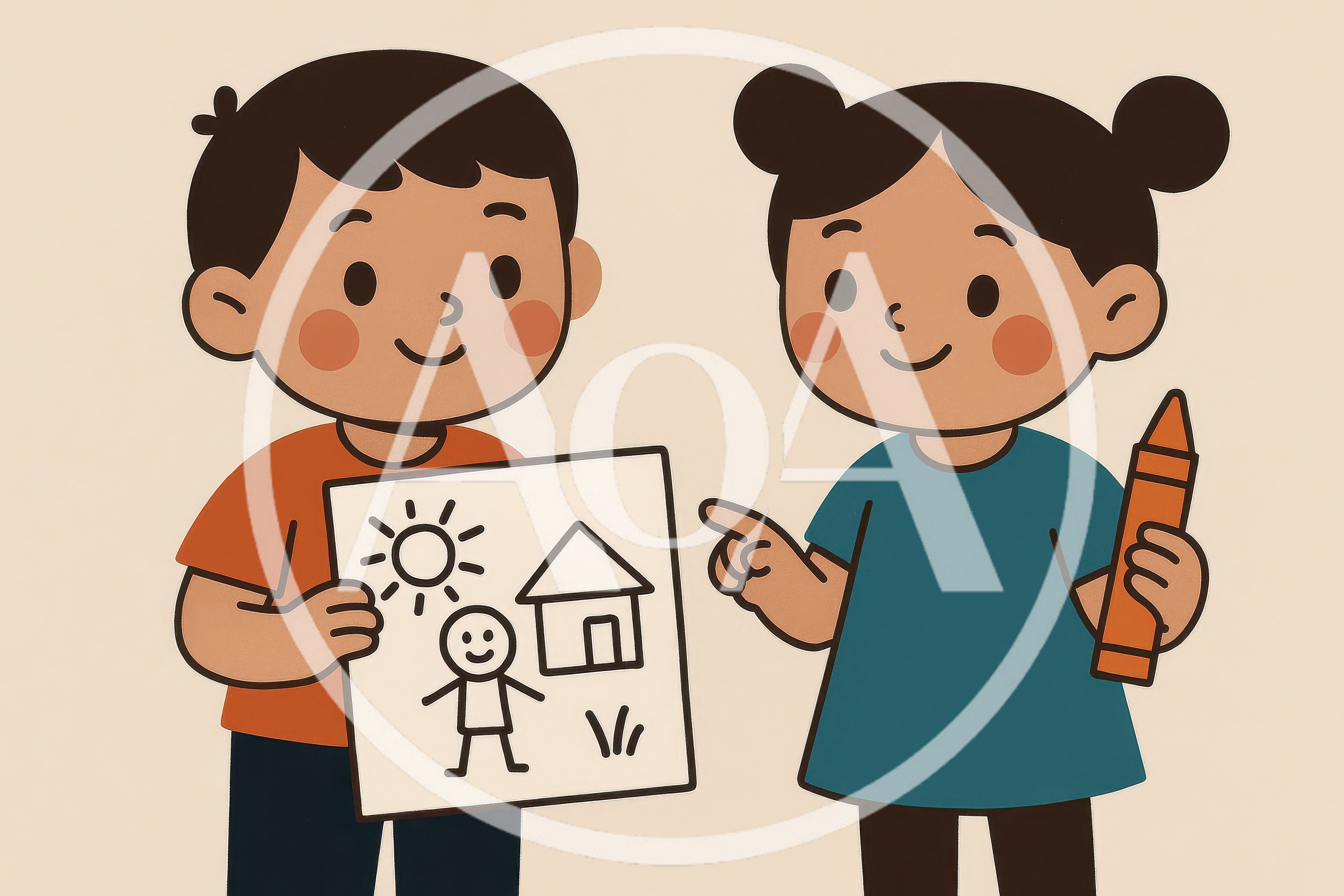 Two Children Holding A Drawing And A Crayon