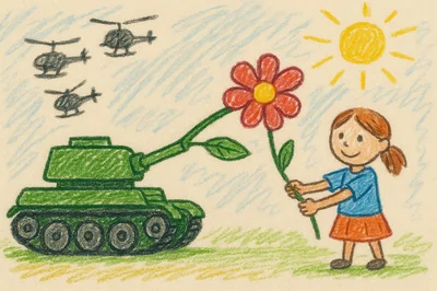 Child Offering A Flower To A Tank Drawing
