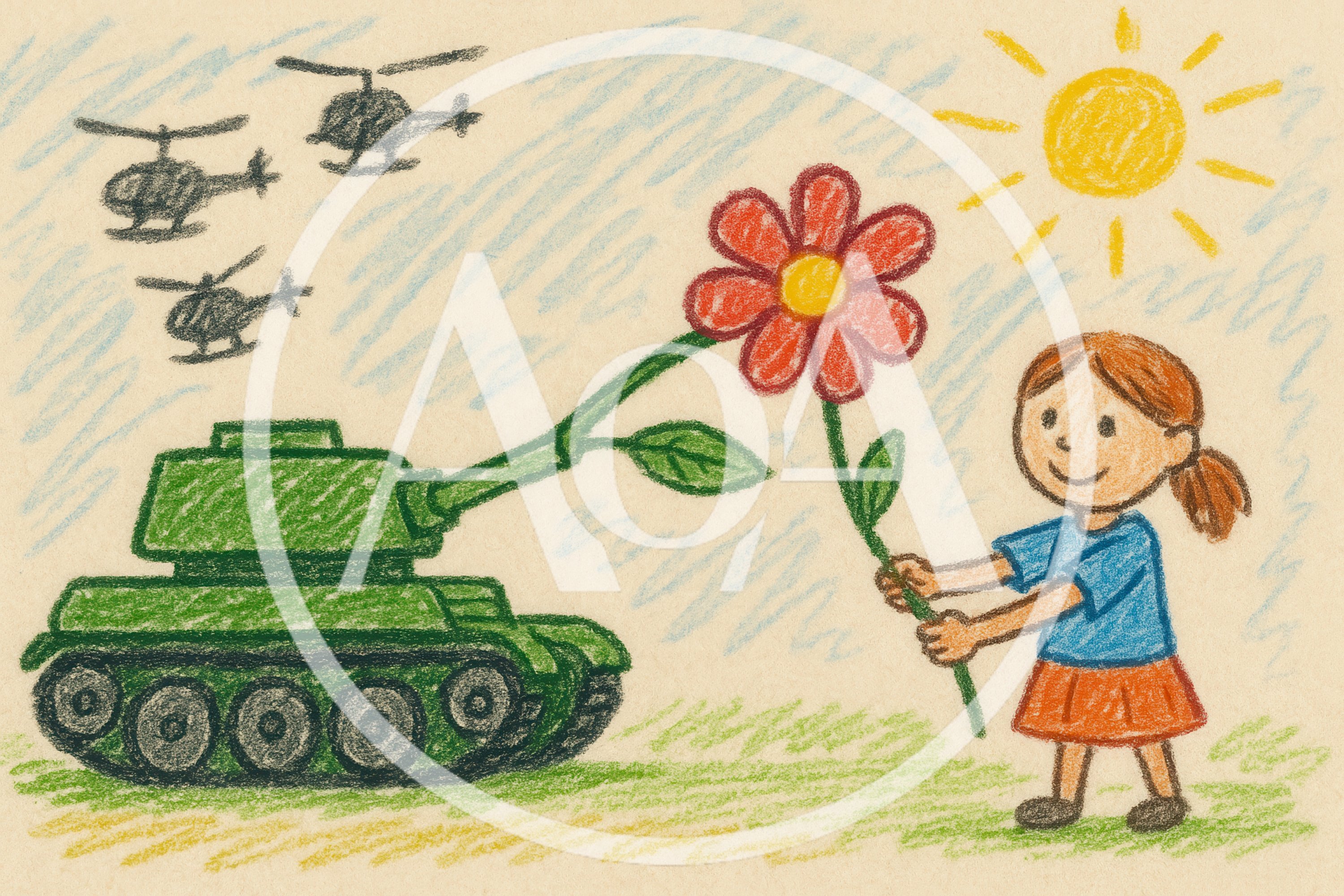 Child Offering A Flower To A Tank Drawing