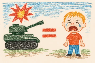 Crayon Drawing of a Tank and Crying Child