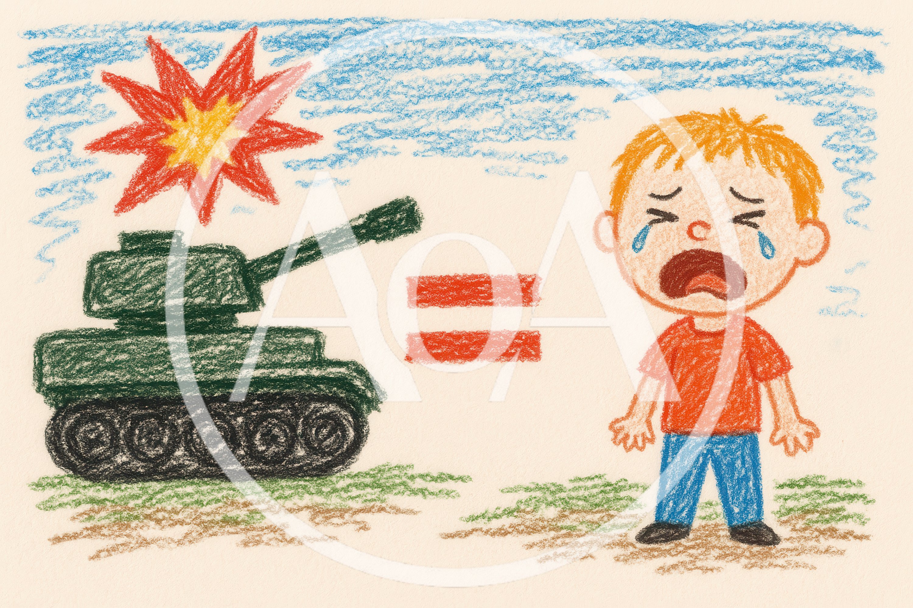 Crayon Drawing of a Tank and Crying Child