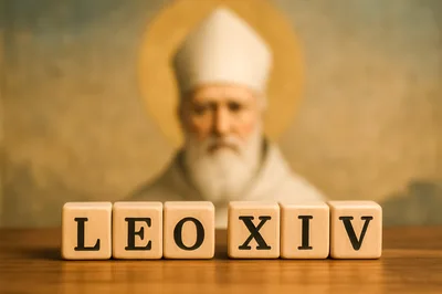 Wooden Blocks Spelling Leo XIV With Blurred Pope Background