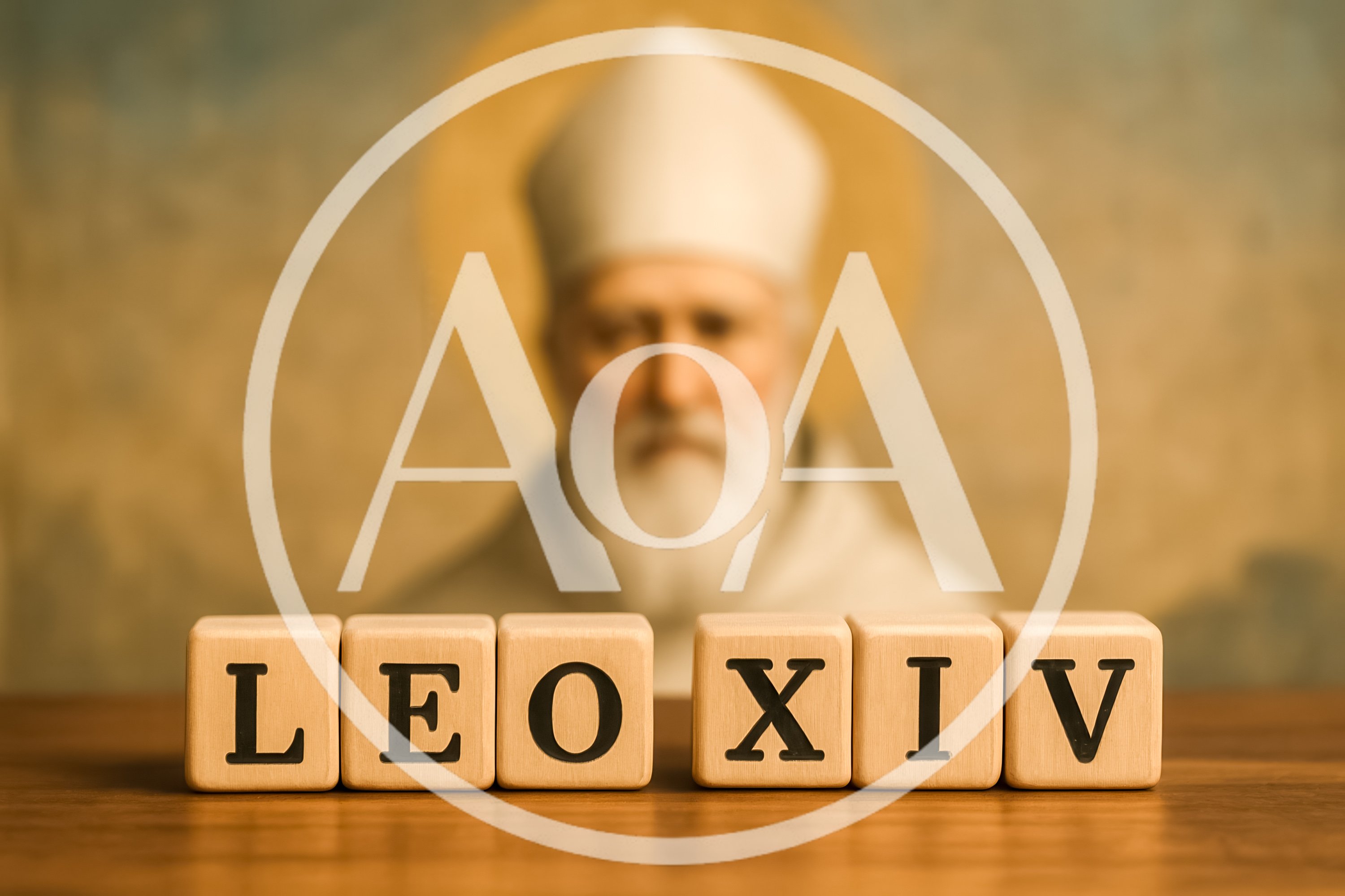 Wooden Blocks Spelling Leo XIV With Blurred Pope Background