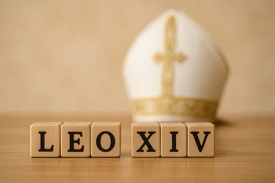 Wooden Blocks Spelling Leo XIV With A Mitre