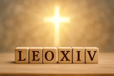Wooden Blocks Spelling LEOXIV With Glowing Cross Background