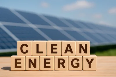 Clean Energy Text On Wooden Blocks With Solar Panels