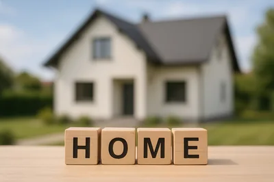 Wooden Blocks Spelling Home In Front Of Blurred House