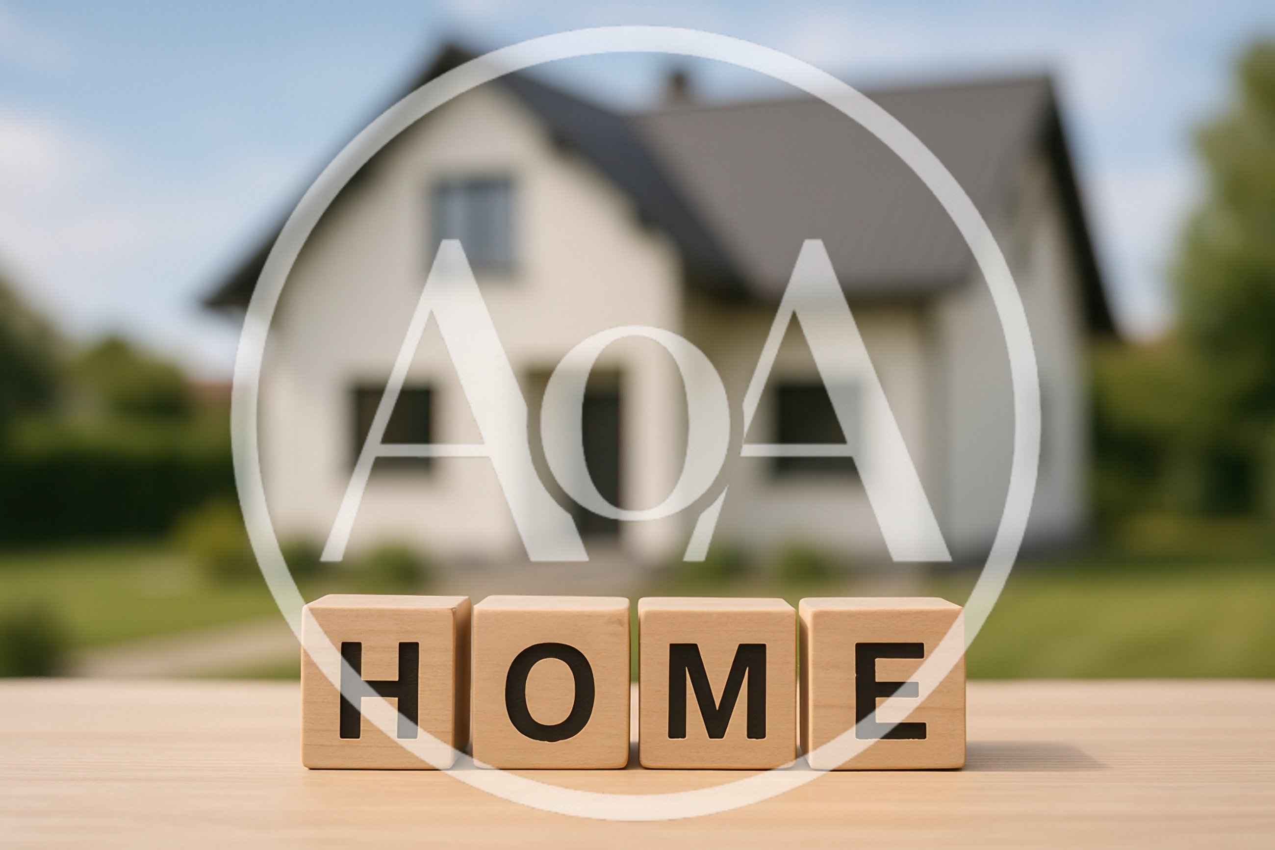 Wooden Blocks Spelling Home In Front Of Blurred House