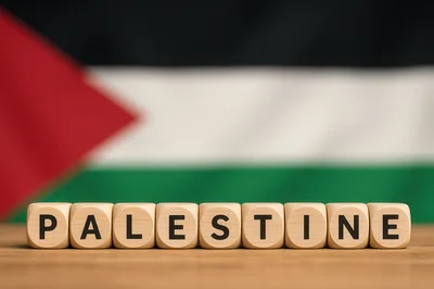Wooden Blocks Spelling Palestine Against National Flag Background