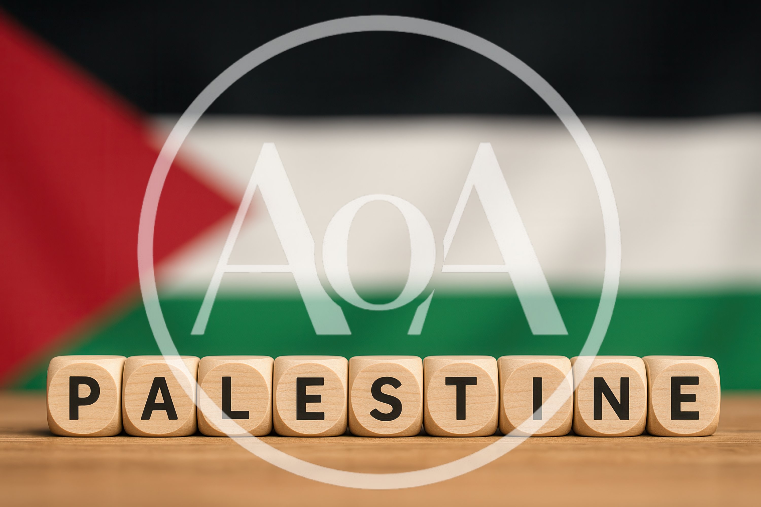 Wooden Blocks Spelling Palestine Against National Flag Background