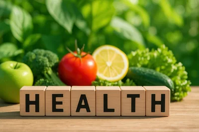 Wooden Blocks Spelling Health With Fresh Vegetables And Fruit