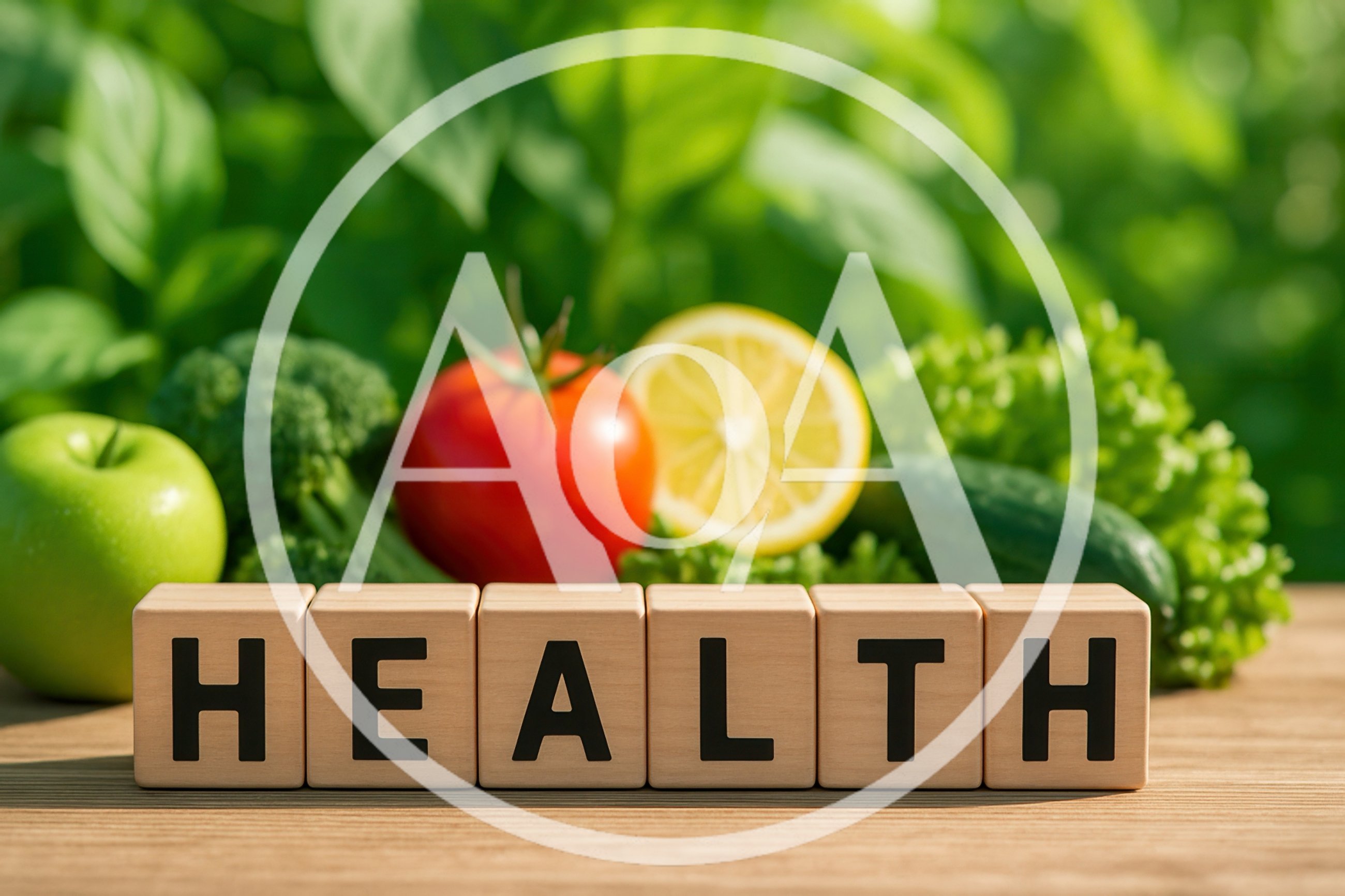 Wooden Blocks Spelling Health With Fresh Vegetables And Fruit
