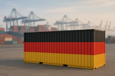 Shipping Container With German Flag In Port
