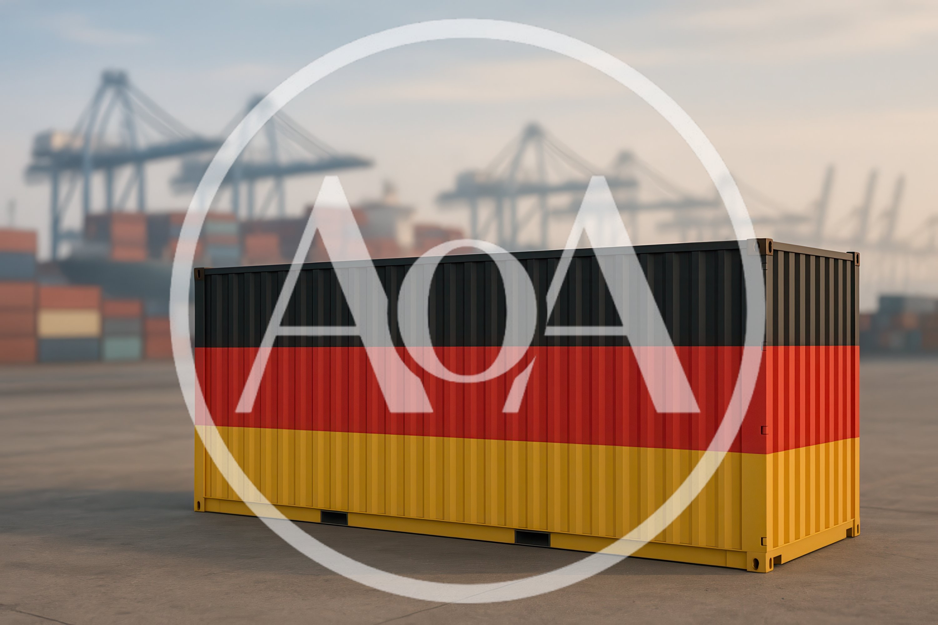 Shipping Container With German Flag In Port