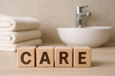 Wooden Blocks Spelling Care on Bathroom Countertop