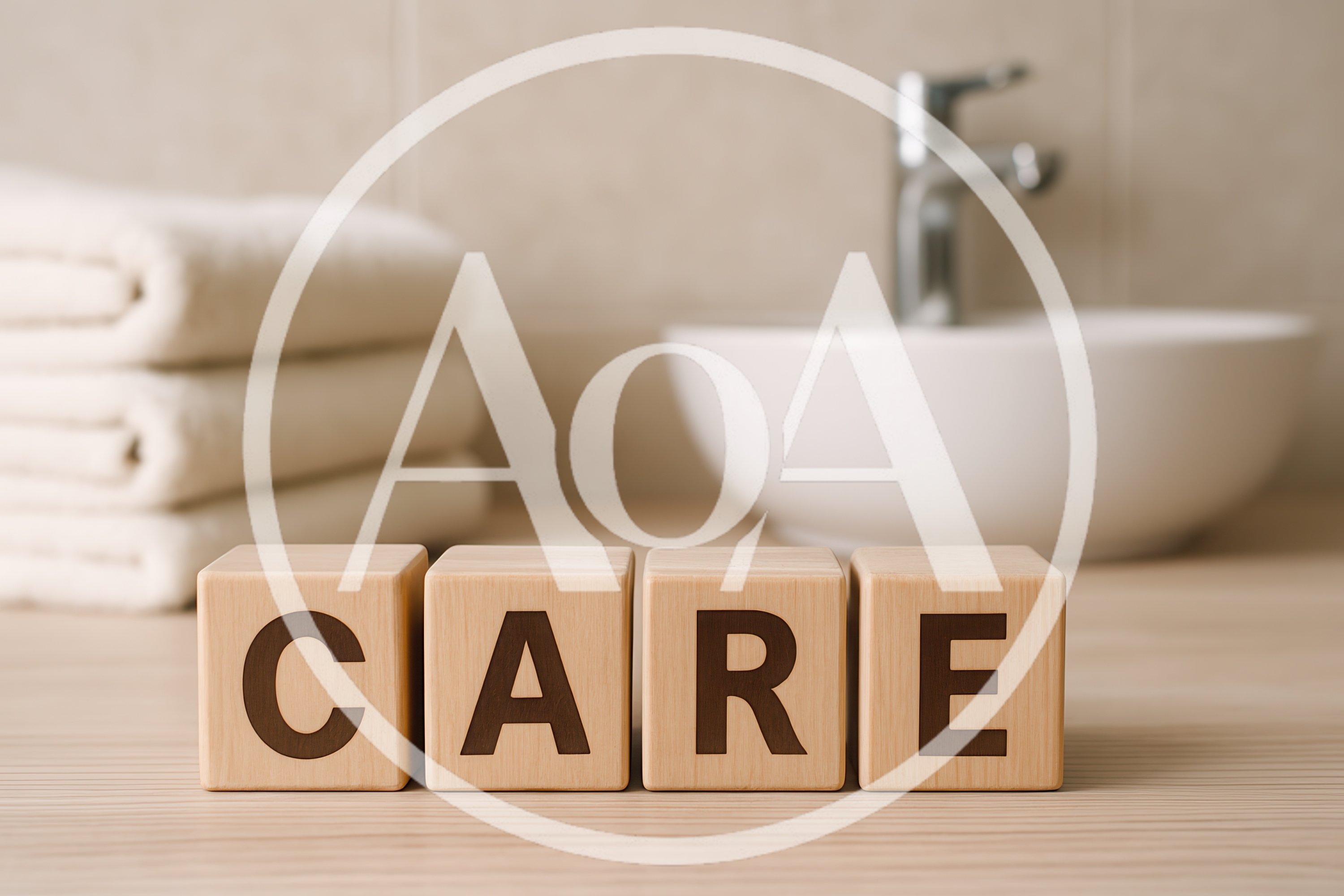 Wooden Blocks Spelling Care on Bathroom Countertop