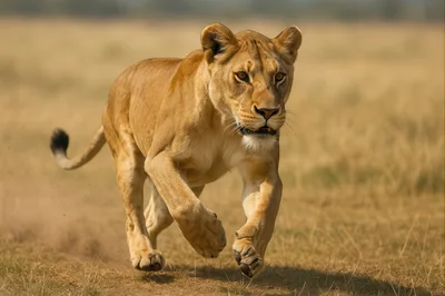 Lioness Running Through The African Savanna
