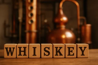Wooden Blocks Spelling Whiskey In A Distillery