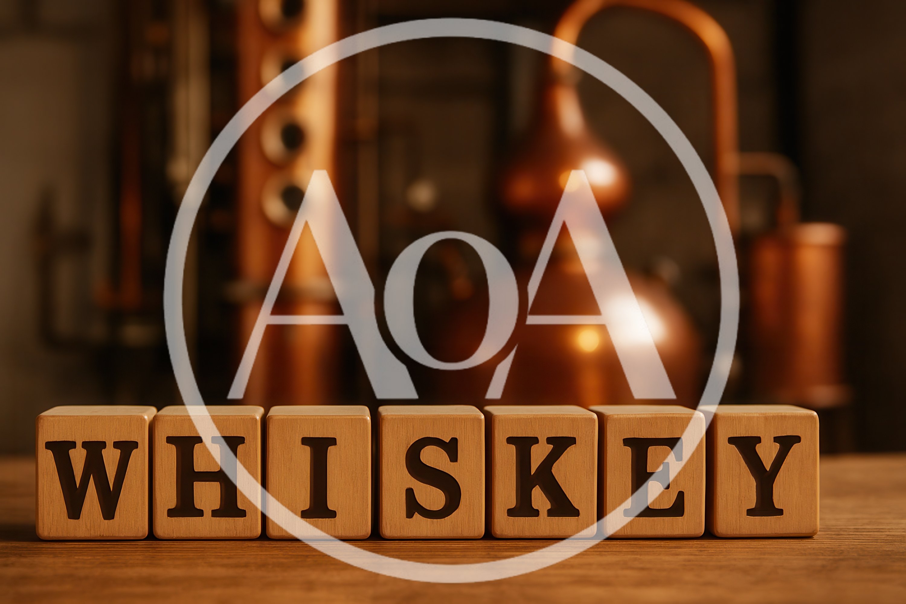 Wooden Blocks Spelling Whiskey In A Distillery