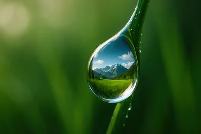 Macro Water Drop Reflecting A Mountain Landscape