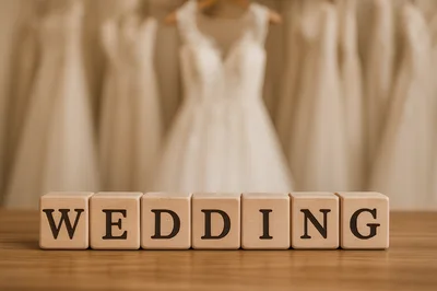 Wooden Blocks Spelling Wedding In Front Of Bridal Gowns