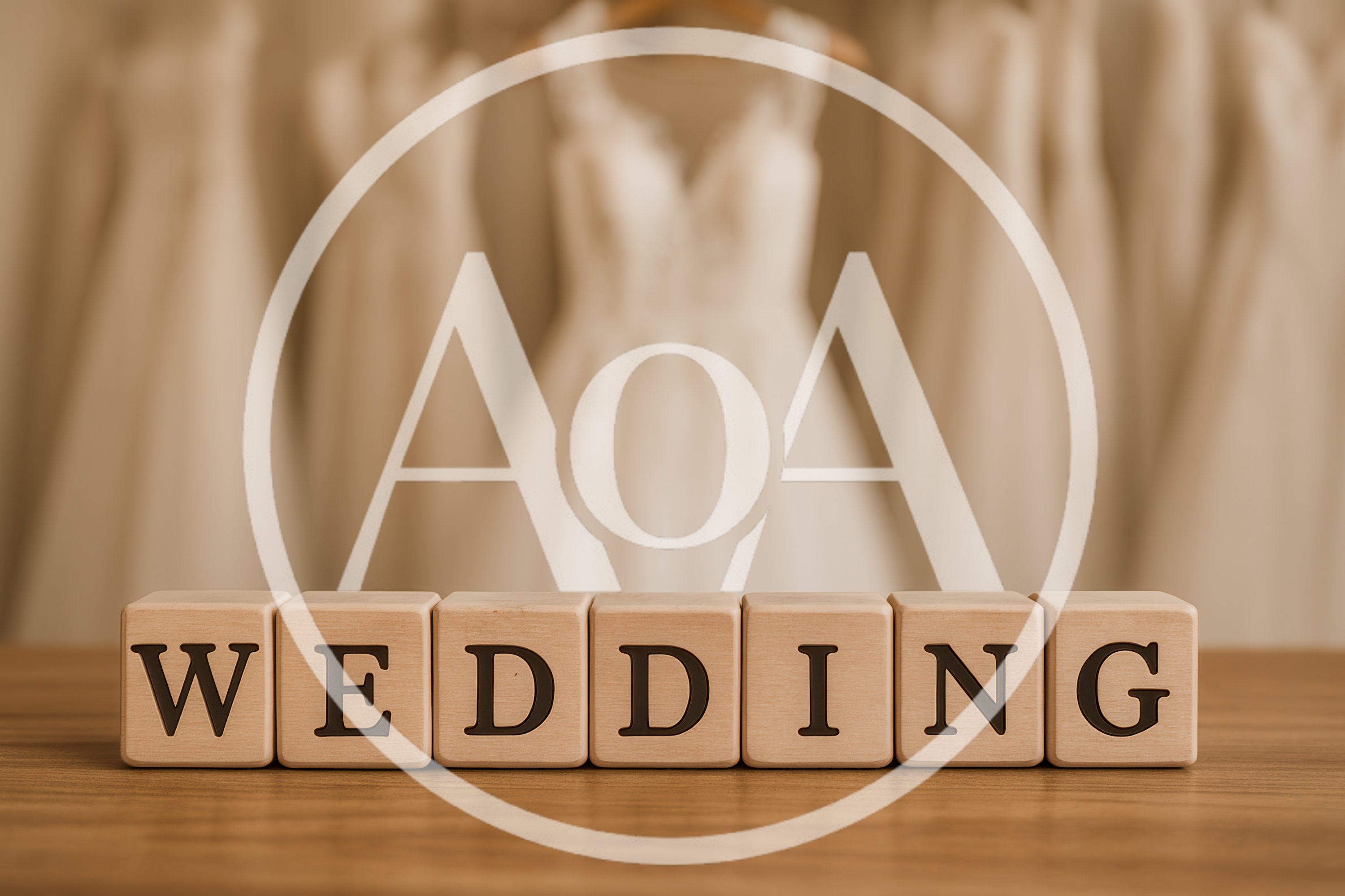 Wooden Blocks Spelling Wedding In Front Of Bridal Gowns