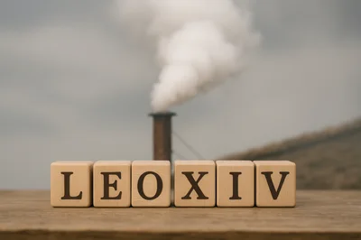 Wooden Blocks Spelling LEOXIV Against Industrial Smoke Stack