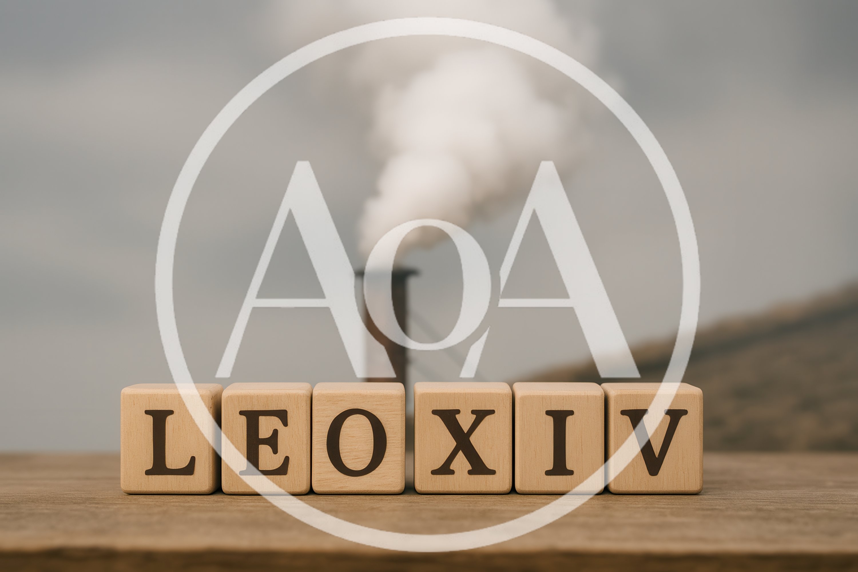 Wooden Blocks Spelling LEOXIV Against Industrial Smoke Stack