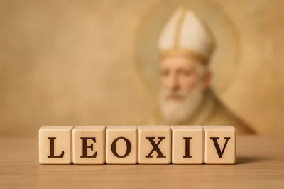 Wooden Blocks Spelling LEO XIV With Blurred Pope Background